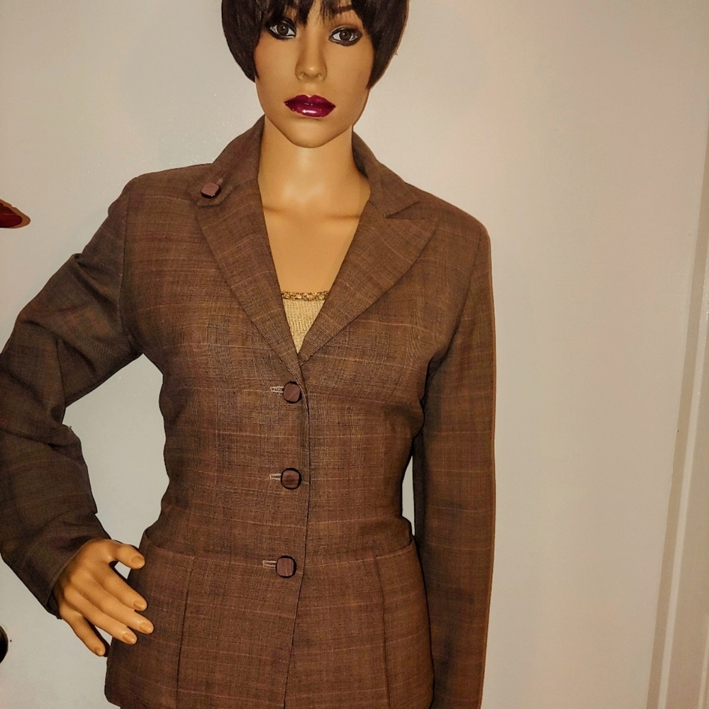 BILL BLASS 8 M/L HERRINGBONE BROWN TAN WOOL MODERN VTG TAILORED FIT SKIRT SUIT - Picture 6 of 14